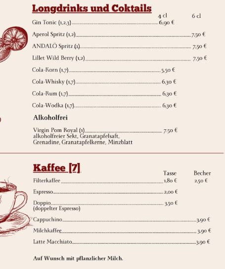 Longdrinks und Cocktails und Kaffee